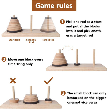 Gothink Wooden Nine-Storey Tower of Hanoi Logic Puzzle Brain Teaser Intellectual Toy for Kids and Adults