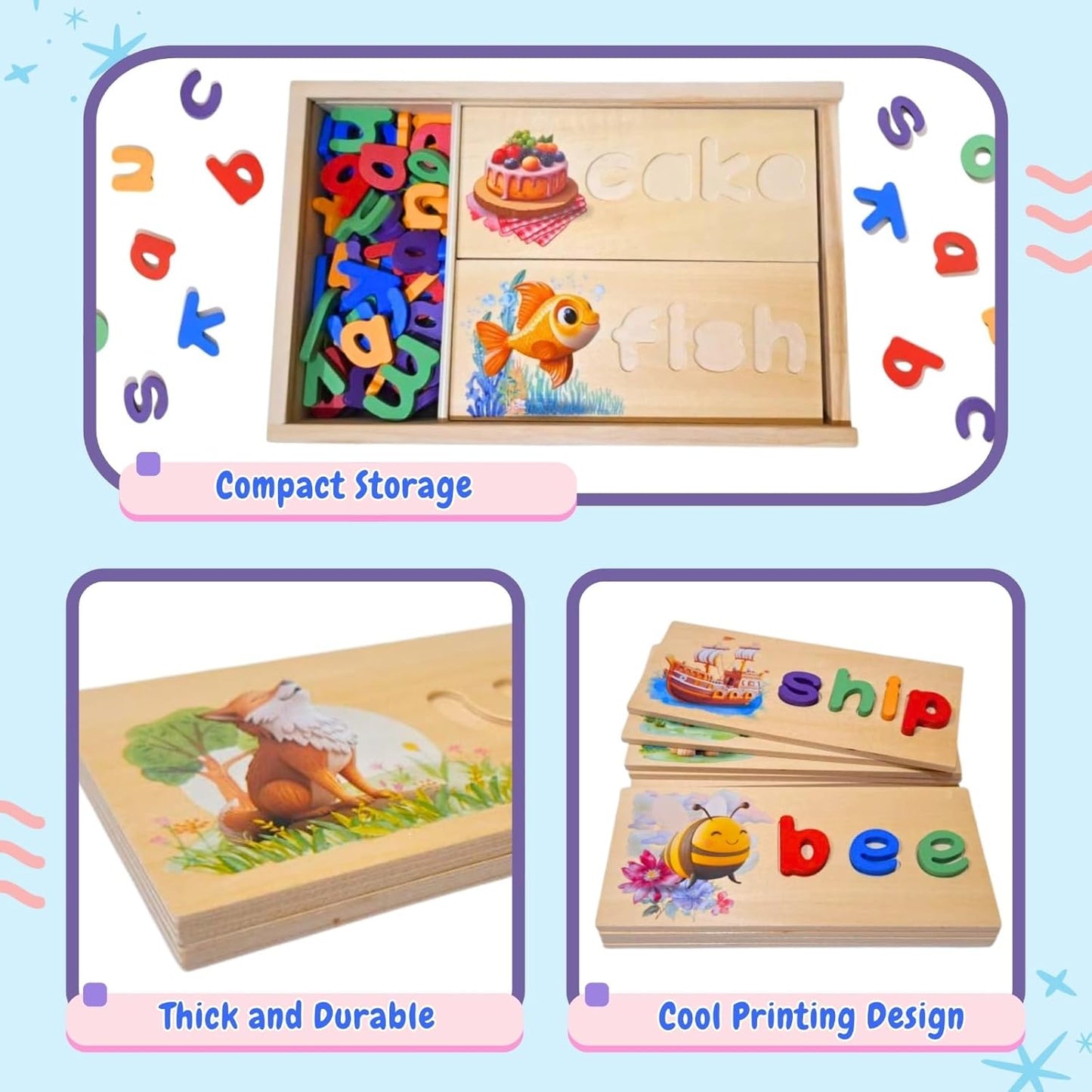 See and Spell Learning Toy – Wooden Spelling Puzzle Game for Kids Ages 3 4 5 6, CVC Word Builder, Educational Spelling Toys & Phonics Puzzle for Early Reading & Letter Recognition