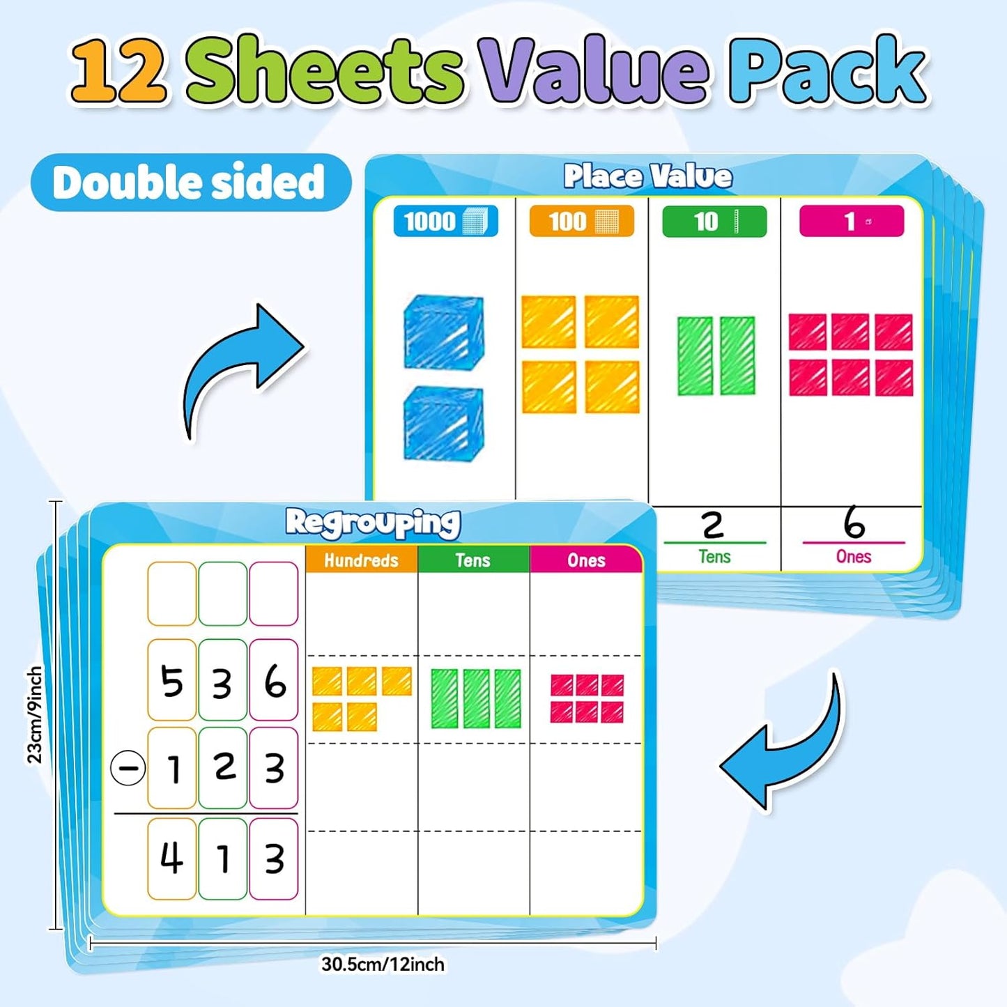 12 Pack Place Value Chart Dry Erase Flash Cards,9" x 12" Base Ten Addition and Subtraction Regrouping Math Manipulatives 1st 2nd 3rd Grade Classroom Must Haves Teacher Homeschool Supplies