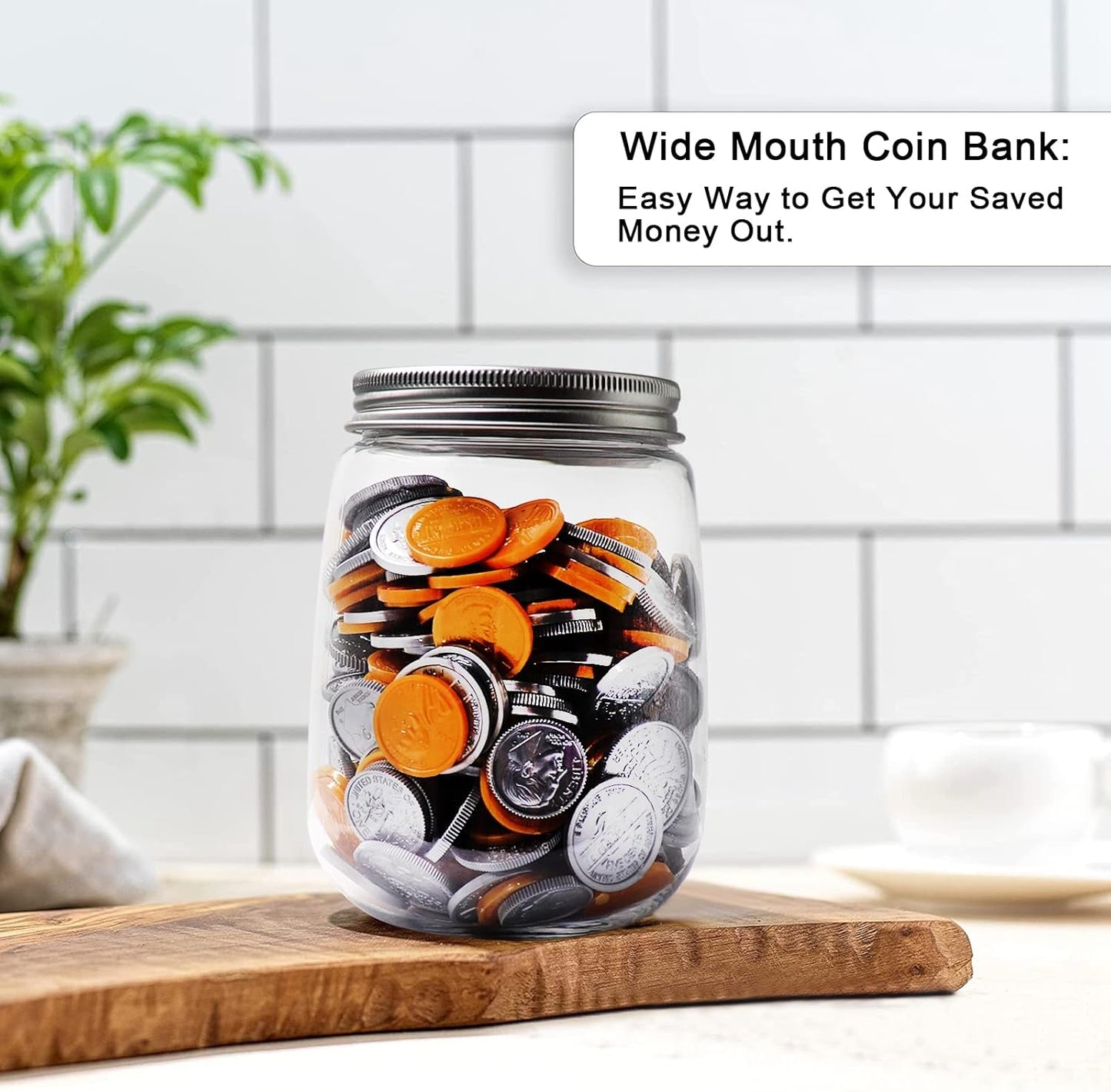 Small Clear Plastic Coin Bank Jars 4-Pack, 16oz with Silver Slotted Lids, Transparent Coin Money Piggy Banks for Adults Teens Kids