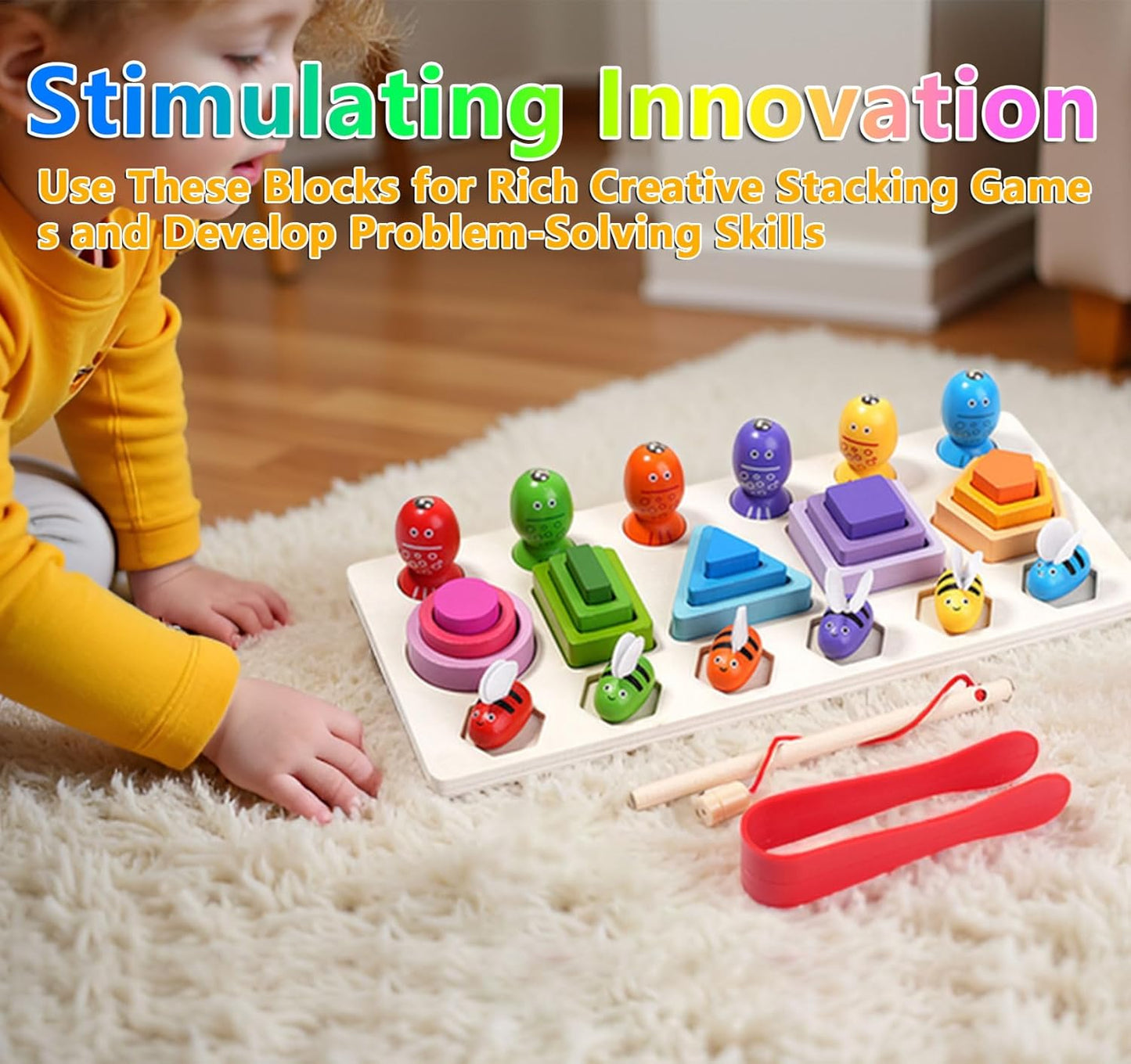 Wooden Montessori Toys for 3 Year Old，Shape Sorter Stacking Games, Fishing Games Preschool Learning Educational Toys for Boys Girls Toddlers (Little Bee)