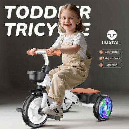 Umatoll Tricycle for Toddlers 2-5 Year Old, Ajustable Toddler Bike Outdoor Toys, Birthday Gift for Girl Age 2-4, Trike with Light up Wheels