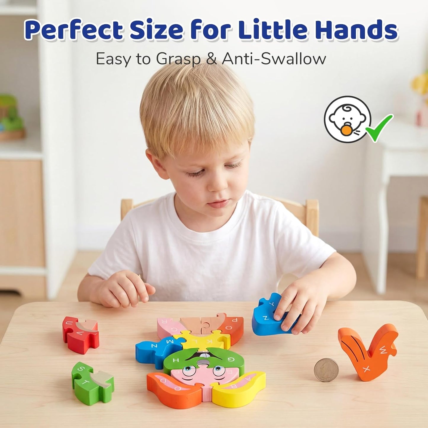LovesTown Wooden Puzzles for Kids, Double Sided Giraffe Jigsaw with Alphabet & Numbers, Montessori Educational Toy for Toddlers, Chunky Animal Gift