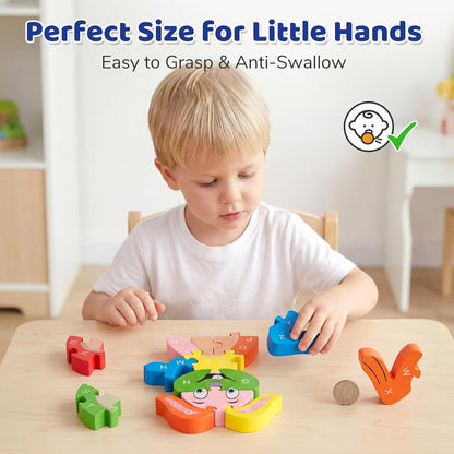 LovesTown Wooden Puzzles for Kids, Double Sided Giraffe Jigsaw with Alphabet & Numbers, Montessori Educational Toy for Toddlers, Chunky Animal Gift