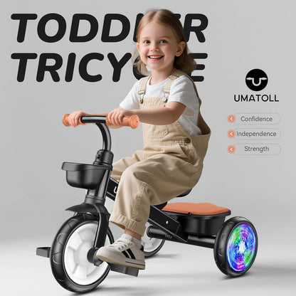 Umatoll Tricycle for Toddlers 2-5 Year Old, Ajustable Toddler Bike Outdoor Toys, Birthday Gift for Girl Age 2-4, Trike with Light up Wheels