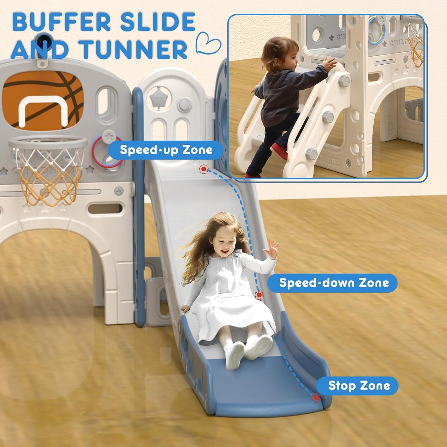 YUFU 9 in 1 Toddler Slide Set, Kids Slide for Toddlers Age 1-3, Toddler Playset with Climber and Basketball Hoop, Kids Indoor Outdoor Playground (Beige+Coffee)