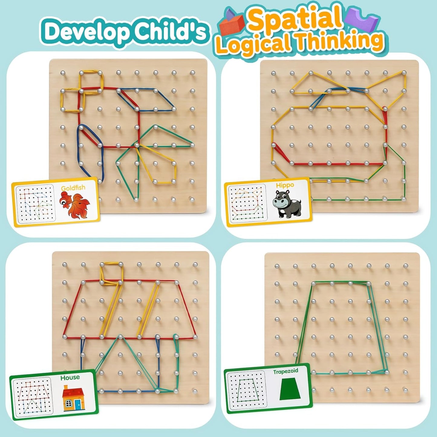 Skrtuan Wooden Geoboard with Pattern Cards & Rubber Bands, Montessori STEM Educational Toy for Kids 3-5 5-8 Years Old, Brain Teaser Puzzle Game for Geometry Learning and Creative Shapes