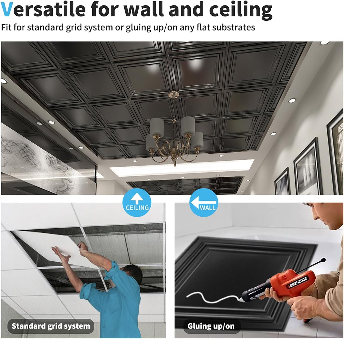 Art3d PVC Ceiling Tiles, 2'x2' Plastic Sheet in Black (12-Pack)