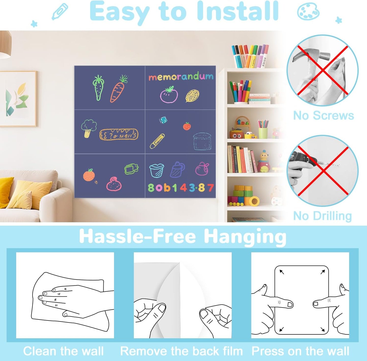 Magnetic Decal Wall for Kids Set of 6 Milk Tea Magnetic Chalkboard for Wall Peel and Stick Magnet Sheets with Chalk Tangram Puzzle and Multiple Accessories Magnetic Wall Decal for Playroom Home