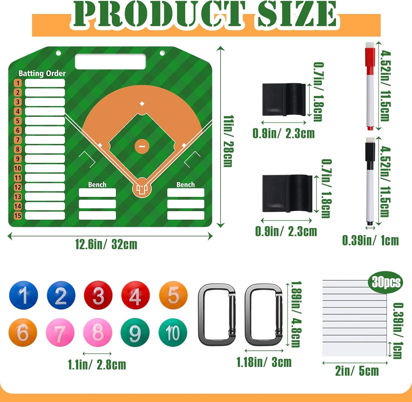 1+44PCS Baseball Coaching Board for Dugout, Dry Erase Lineup Board Softball Clipboard for Coach/ 30 Name Strip/ 10 Number Blocks/ 2 Marker/ 2 Buckle