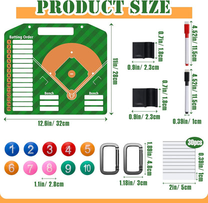 1+44PCS Baseball Coaching Board for Dugout, Dry Erase Lineup Board Softball Clipboard for Coach/ 30 Name Strip/ 10 Number Blocks/ 2 Marker/ 2 Buckle