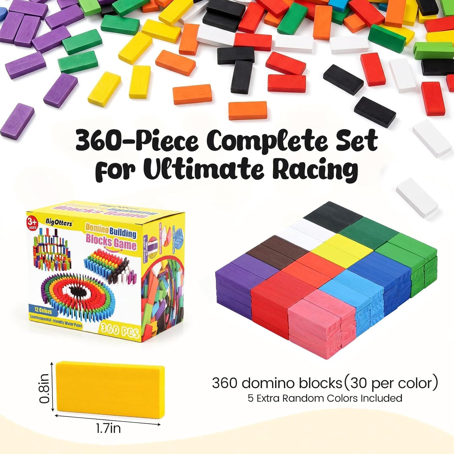 BigOtters Dominos Set for Kids,360 PCS Dominoes Wooden Building Blocks Stacking Educational Racing Toy Games, Party Favor for Boys and Girls, 12 Colors