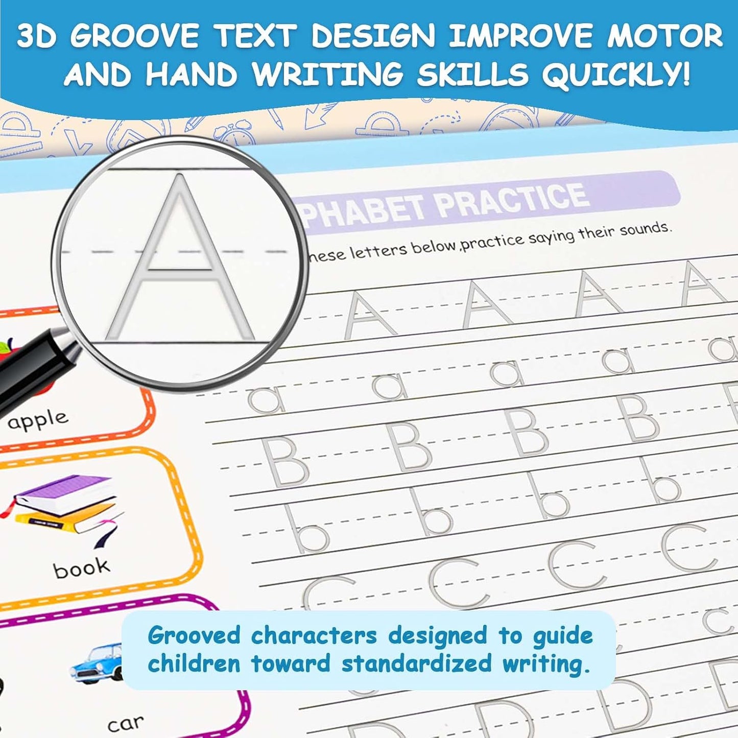 Magic Grooved Writing Practice for Kids Ages 3–8, Reusable Handwriting Workbooks with Deep Tracing Grooves and Preschool Learning Activities, Perfect Educational Gift