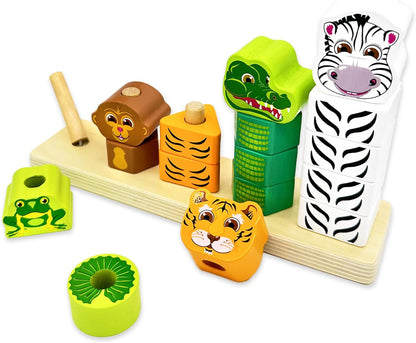 Big Discoveries Stacker - Animal Block Stacking Puzzle for Ages 2 and Up | Durable Wooden Geometry Shape Toy with Flexible Safety Pegs and Pegboard - Montessori Stack Toy for Toddlers (Farm Stacker)