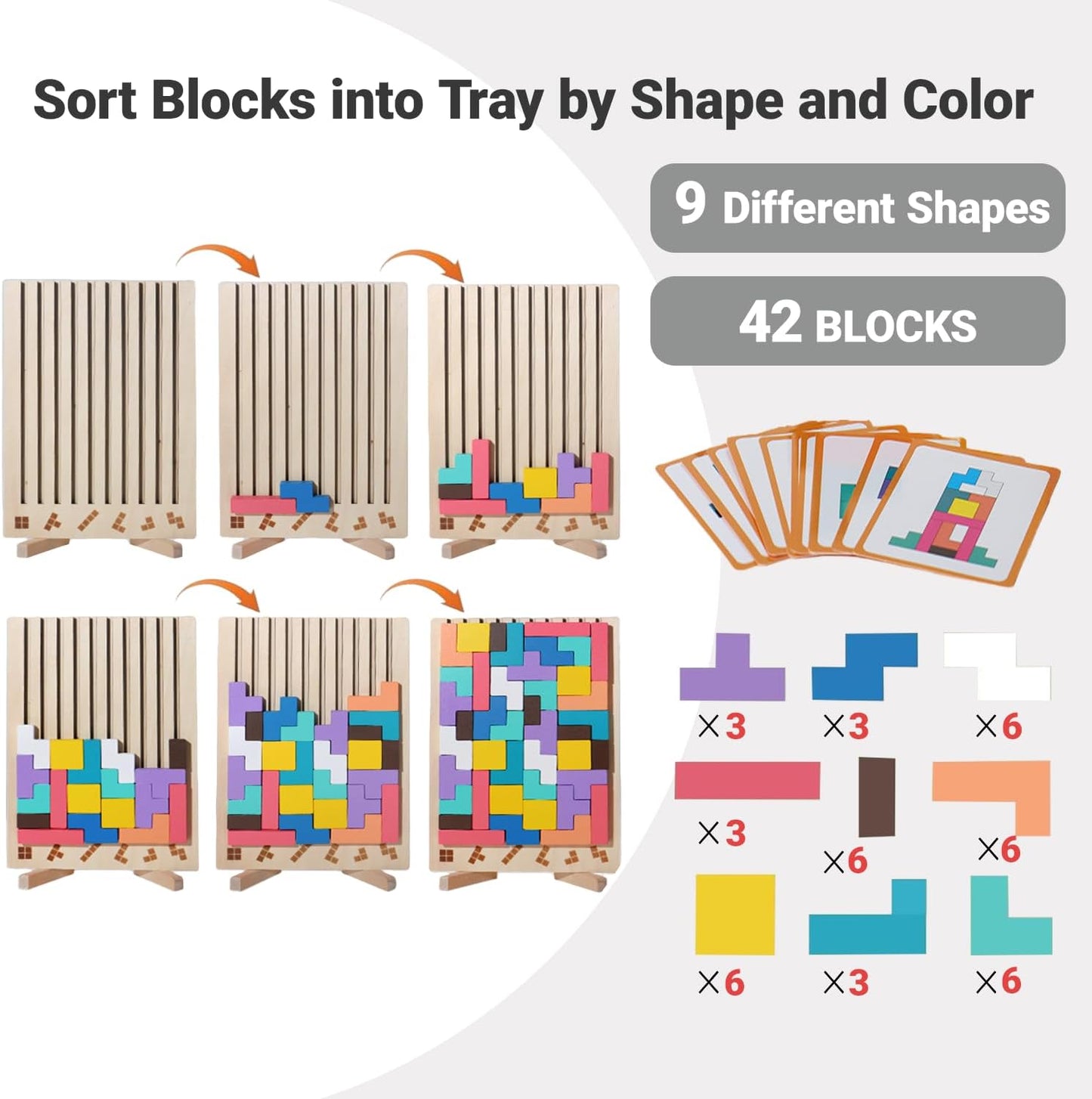 Wooden Block Stacking Puzzle Toy, Sliding Tiles Game, Russian Block Game with Pattern Cards, Stress Relief Toy,Giant Jigsaw Puzzle Board