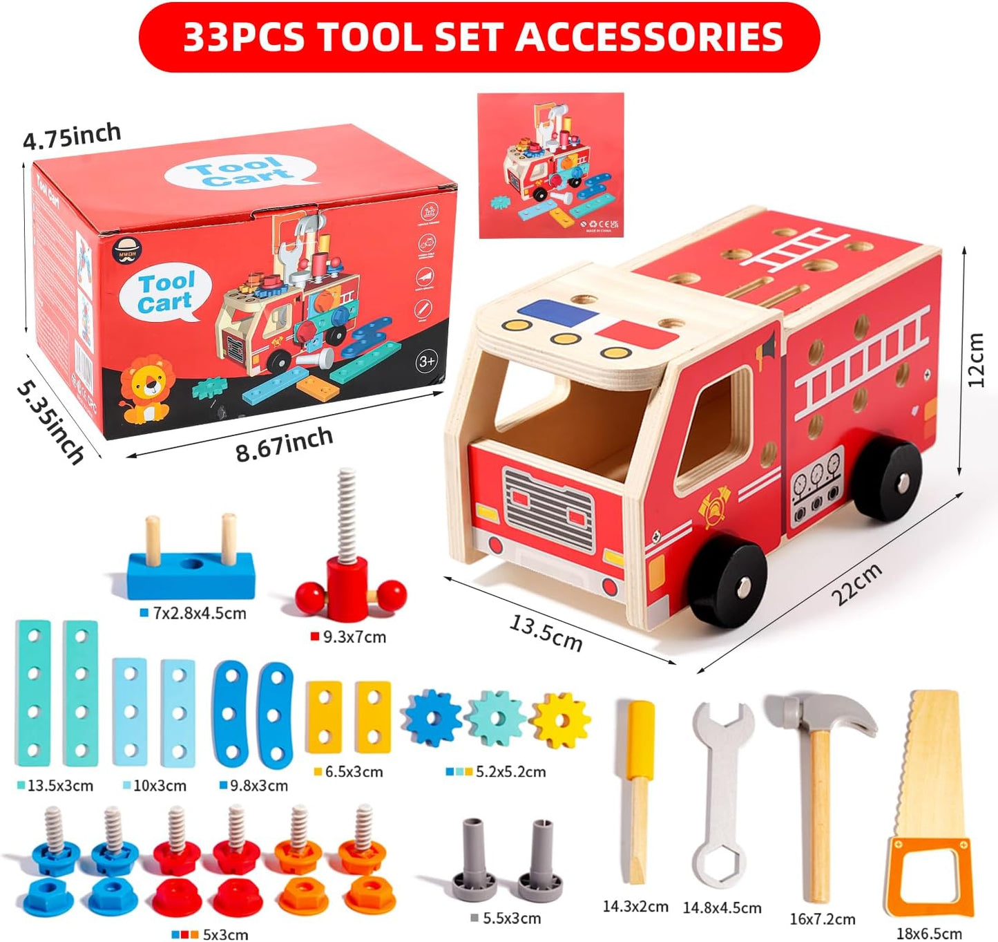 GAIETYDIY Toddler Tool Set - 33 PCS Wooden Kids Tools with Box/Bench/Tool House, Montessori Educational Pretend Play Preschool Toys Gifts for 3 Year Old Boy Girl Kids, STEM Fine Motor Skills Tool Set