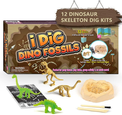 Byncceh Dinosaur Fossil Digging Kit for Kids - Excavate 12 Prehistoric Bones, Includes Glow in The Dark Dino Fossil - STEM Educational Archaeology Science Toy Ages 6-12