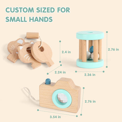 FReniland Wooden Montessori Toys, 4-Piece Wooden Baby Toy, Rainbow Stacking Ring,Car Push and Pull Toy, Rocket Stacking Ring Babys Toys,Newborn Baby Gift Sets for Boys and Girls