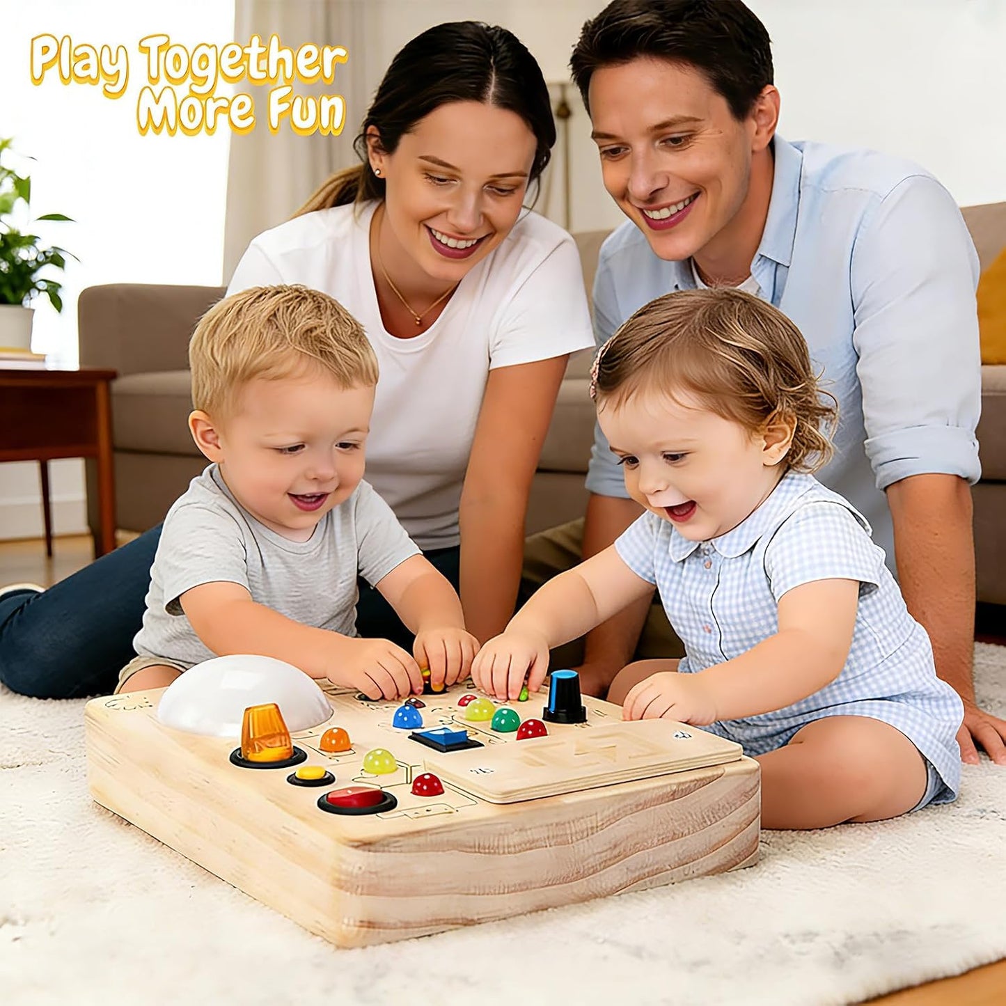 Wooden Montessori Busy Board with LED Light Switches & Tap Light, Sensory Activity Educational Toy for 1-3 Year Old Toddlers, Travel Toy & Birthday Gift for Boys Girls (Battery Not Included)