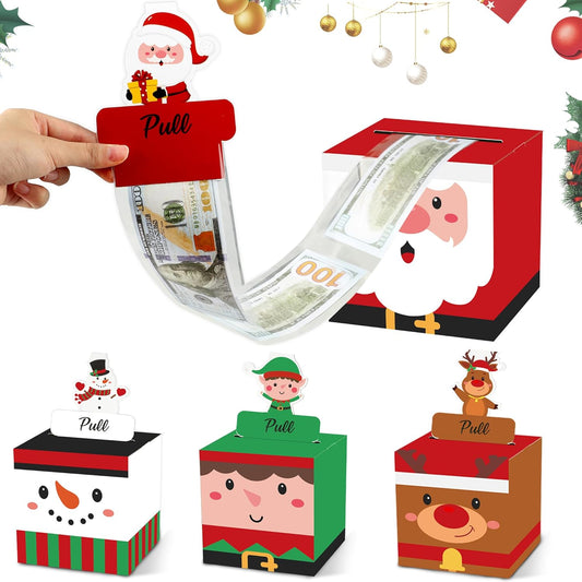 4 Pack Christmas Money Box for Cash Gift Pull Christmas Surprise Money Holder Boxes with Pull Out Cards Santa Claus DIY Cash Gift Box with 120 Transparent Bags for Adult Kids Holiday DIY Set