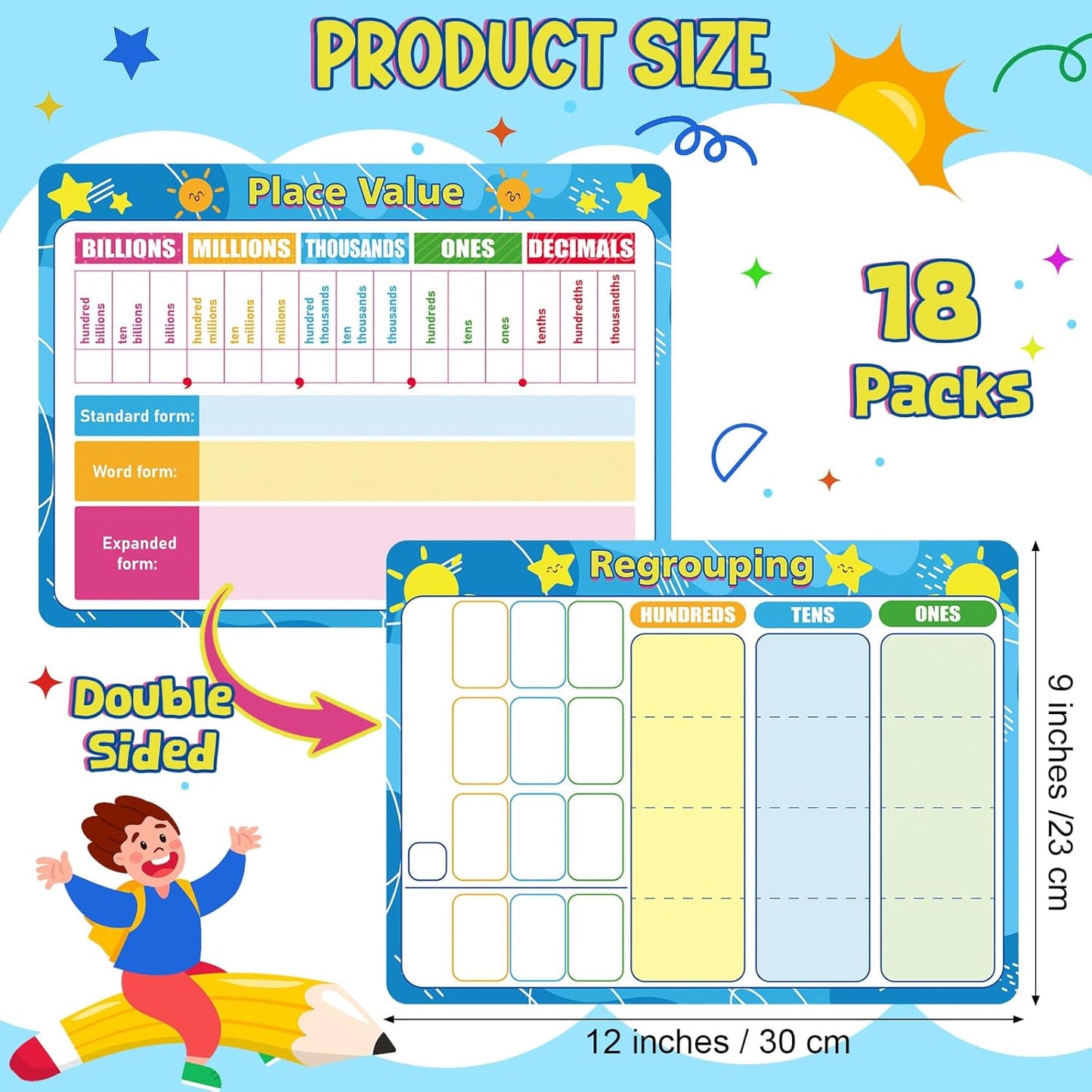AmazingSpark 18 Pack Math Manipulative Whiteboards Dry Erase Flash Cards 9''x12'' Double Sided for Kids Student Teacher Classroom Must Have School(Classic Place Value Charts)