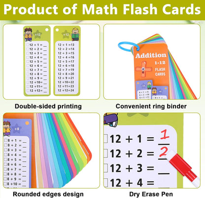 30 Pcs Addition and Subtraction Flash Cards, Math Flash Cards for 1st to 3rd Grades, Math Games Times Table Flashcards with 4 Dry Erase Pens 2 Rings for Learning