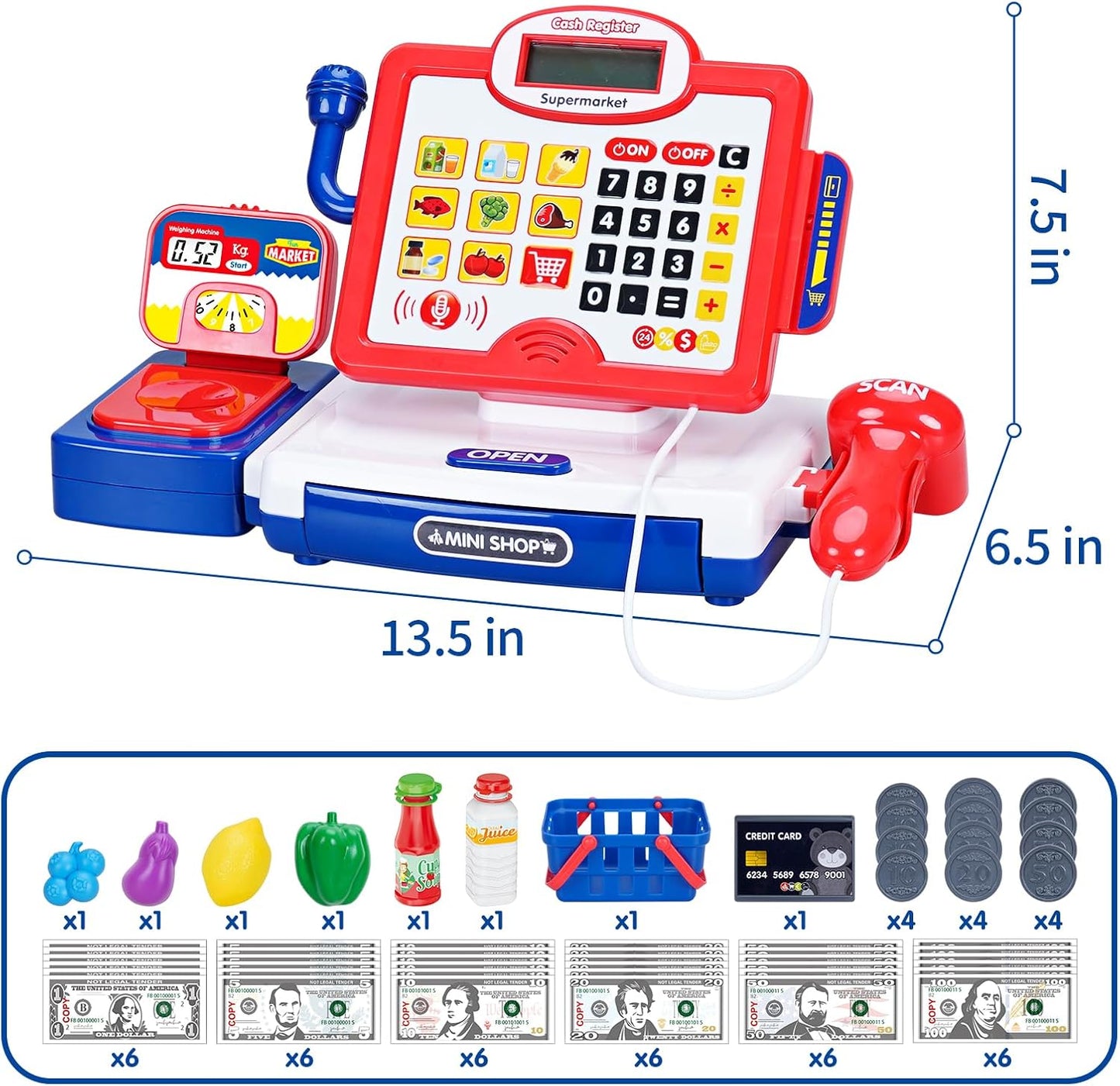 FS Pretend Play Cash Register Toy Preschool Gift for Kids, Classic Count Toy with Sound, Microphone, Scanner, Credit Card, Play Food for Boys & Girls, 57 Pieces Play Set, Ages 3 4 5 6 7, Purple