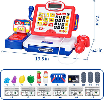 FS Pretend Play Cash Register Toy Preschool Gift for Kids, Classic Count Toy with Sound, Microphone, Scanner, Credit Card, Play Food for Boys & Girls, 57 Pieces Play Set, Ages 3 4 5 6 7, Purple