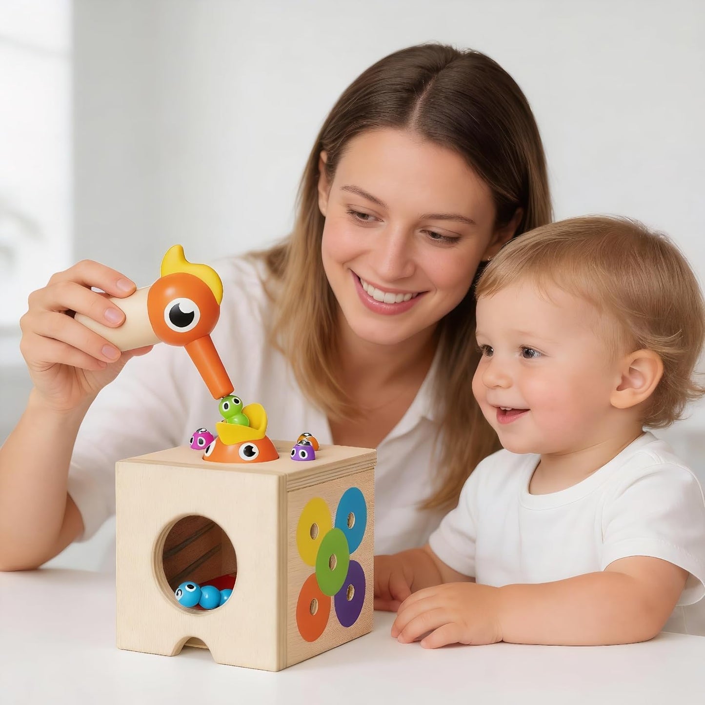 5 in 1 Montessori Activity Toys for 2 3 Year Old Boys and Girls, Wooden Learning Toys with Object Permanence, Bird Feeding Game, Fine Motor Skills, Problem Sloving