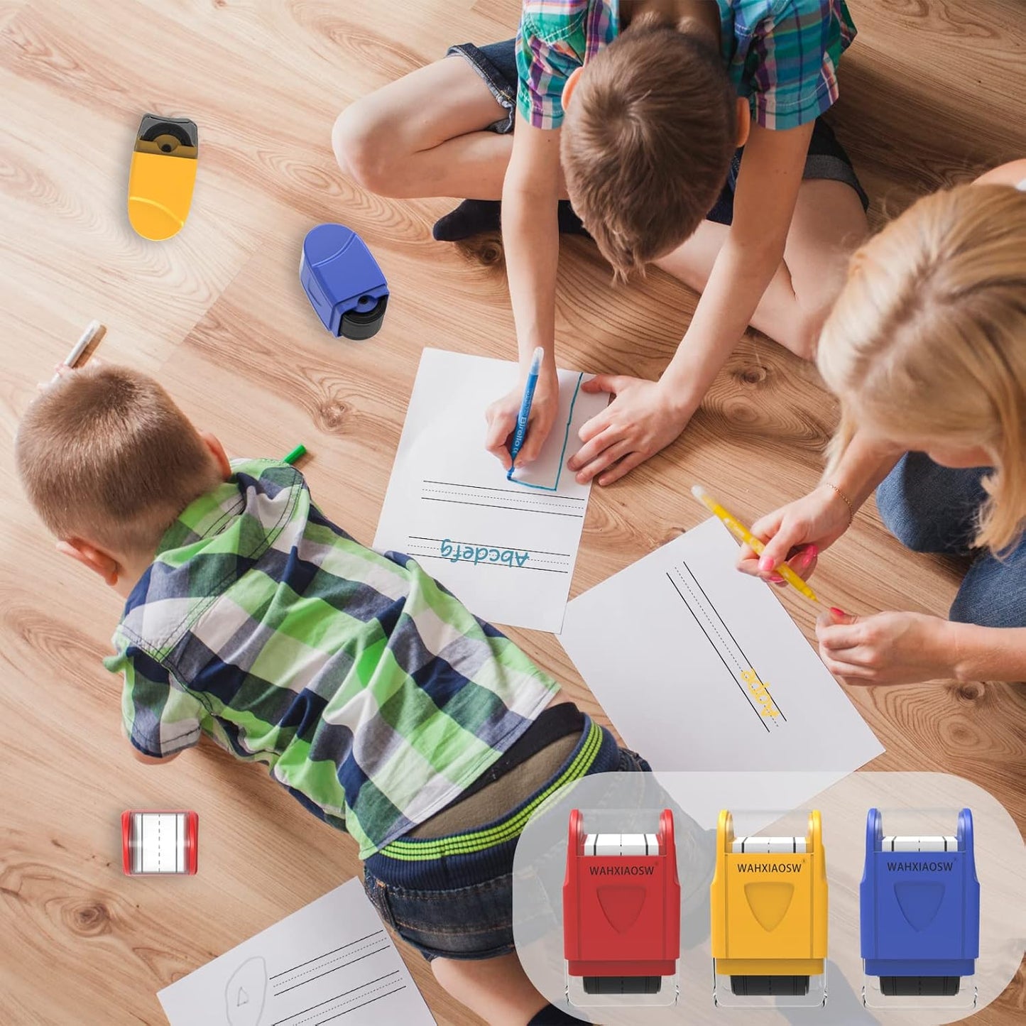 Handwriting Lines Stamp Roller Self-Inking Line Rolling Stamps Handwriting Practice Tool for Teachers Kids Kindergarten (Yellow)