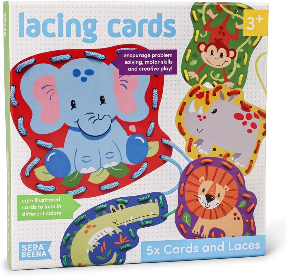 Serabeena Lacing Cards for Kids Ages 3-5 - Safari Animal Sewing Cards | Screen-Free Toddler Lace-Up Toy & Activity with 5 Laces & Storage Box for Hand-Eye Coordination and Fine Motor Skills