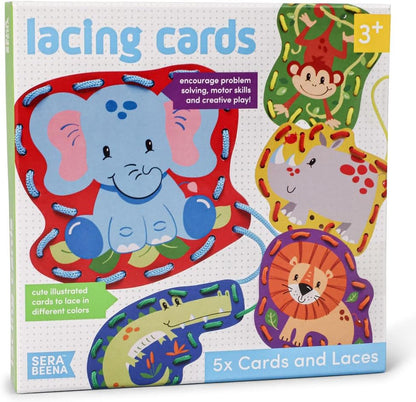 Serabeena Lacing Cards for Kids Ages 3-5 - Safari Animal Sewing Cards | Screen-Free Toddler Lace-Up Toy & Activity with 5 Laces & Storage Box for Hand-Eye Coordination and Fine Motor Skills