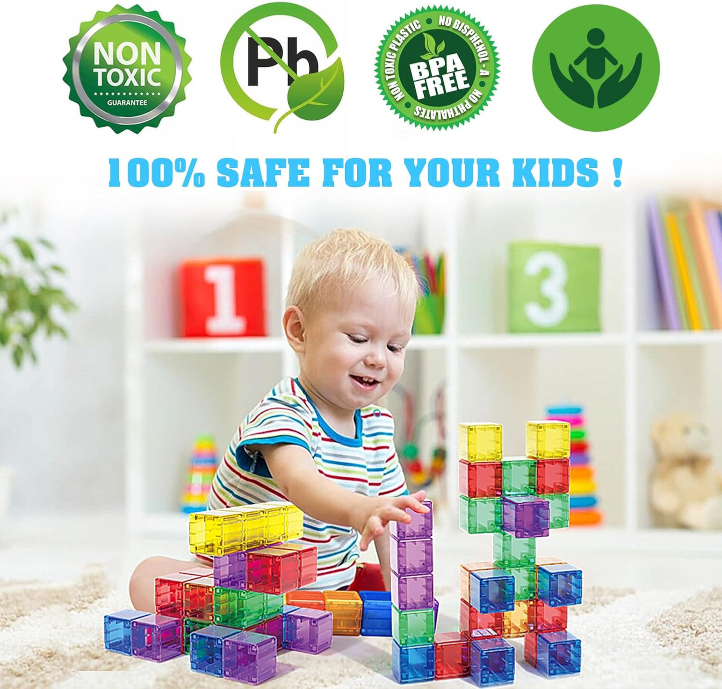 Caferria 1.4 inch Large Magnetic Blocks for Kids, 30pcs Magnet Building Blocks, Preschool STEM Sensory Montessori Stacking Cubes Educational Building Toys for 3 4 5 6 7 8 Year Old Boys Girls