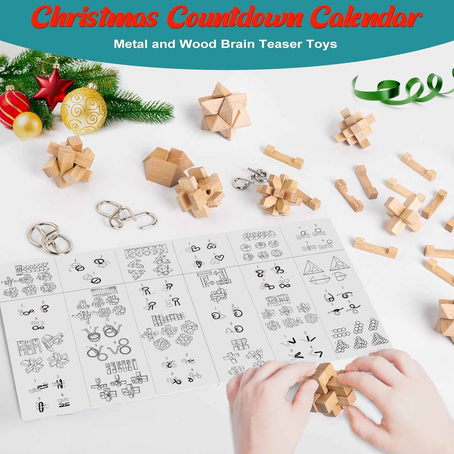 Advent Calendar 2025 Brain Teaser for Kids & Adults - 24 Days of Metal Puzzle Ring & Wooden Toy Games, Christmas Countdown with Mind IQ Logic Challenges, Unlock Interlock Gift for Boys Girls Teens