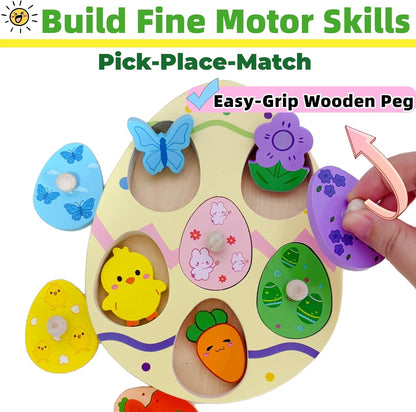 Easter Wooden Peg Puzzle for Toddlers 1 2 3 Years, 6 Colors & Shape Matching Pieces, Montessori Educational Learning Toys Easter Basket Stuffers