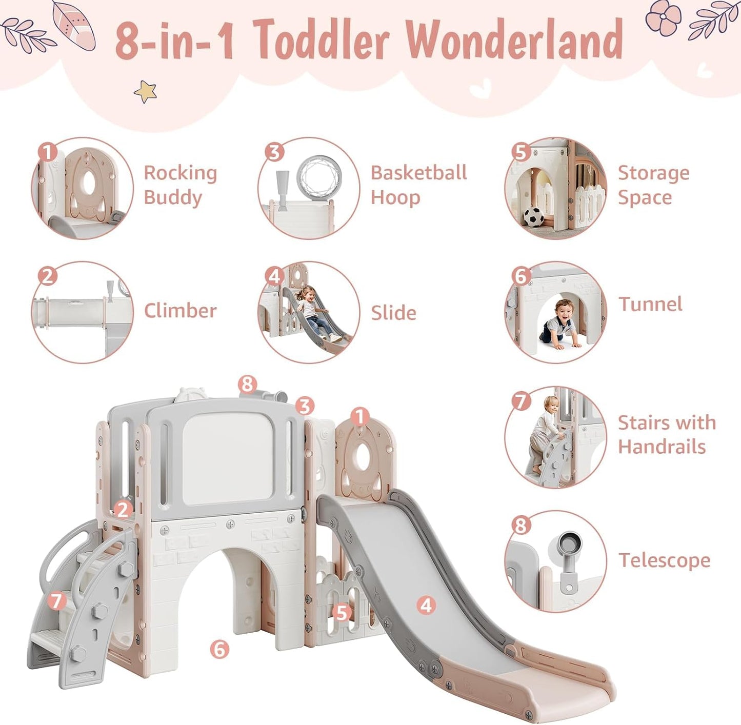 8-in-1 Toddler Slide Playground Set for Indoor & Outdoor Fun – Includes Climber, Basketball Hoop, Telescope, Tunnel, and Storage Space for Kids – Perfect for Backyard & Courtyard Activities