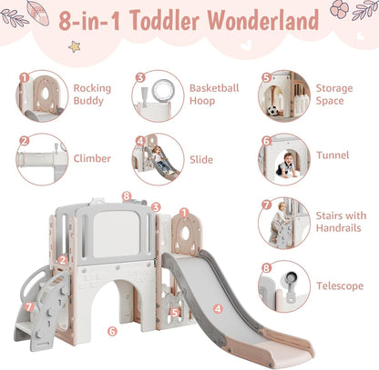 8-in-1 Toddler Slide Playground Set for Indoor & Outdoor Fun – Includes Climber, Basketball Hoop, Telescope, Tunnel, and Storage Space for Kids – Perfect for Backyard & Courtyard Activities