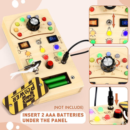 Joyreal Busy Board with 19 LED Lights and 10 Switches, Montessori Toys for 1 2 3 Year Old, Wooden Sensory Activity Board for Toddlers, Travel Toys for Toddler 1-3 Plane Car, Birthday Gifts for Girls
