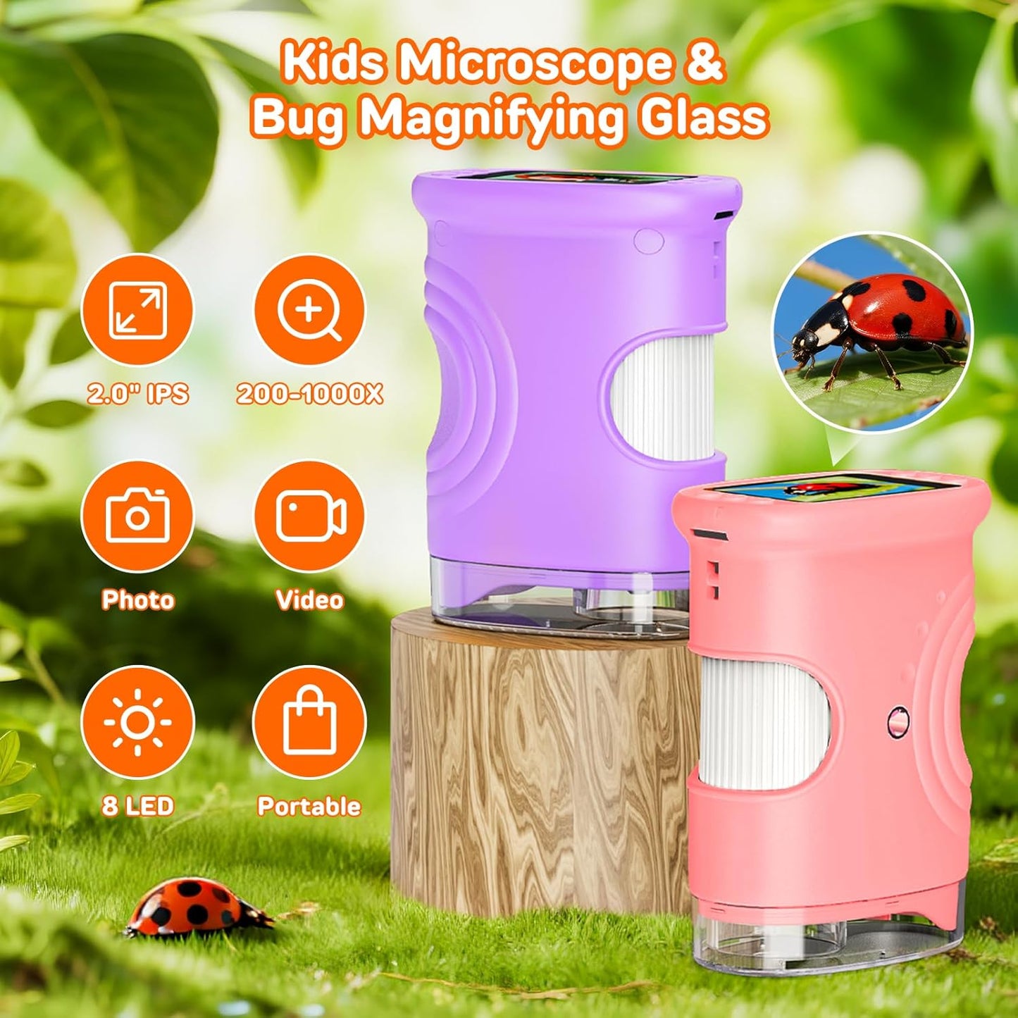 1000X Digital Handheld Microscope for Kids with 2.0" IPS Screen, Outdoor Toys Portable STEM Science Lab Gifts, Rechargeable Pocket Microscope Educational Toy for Boys & Girls Age 4-6 8-12, Orange