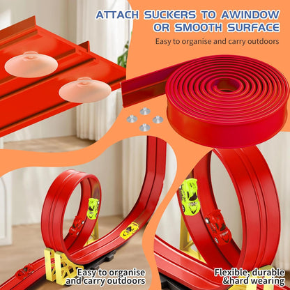 16.5ft Build Anywhere Portable Race Track with Suction Cups - Flexible Roll-Up Design Fits 1/64 Scale Cars, Portable Toy Gift for Kids 4+ Year Old (3 Tracks/Red)