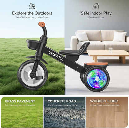 Umatoll Tricycle for Toddlers 2-5 Year Old, Ajustable Toddler Bike Outdoor Toys, Birthday Gift for Girl Age 2-4, Trike with Light up Wheels