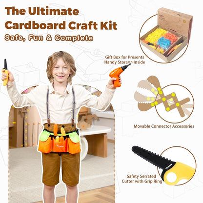 Cardboard Construction Kit - 401 PCS Kids Building Set with Safe Serrated Cutter, Crease Roller, Screws & Nuts, STEM Upcycled Tool for DIY Cardboard Projects, Engineering & Creativity