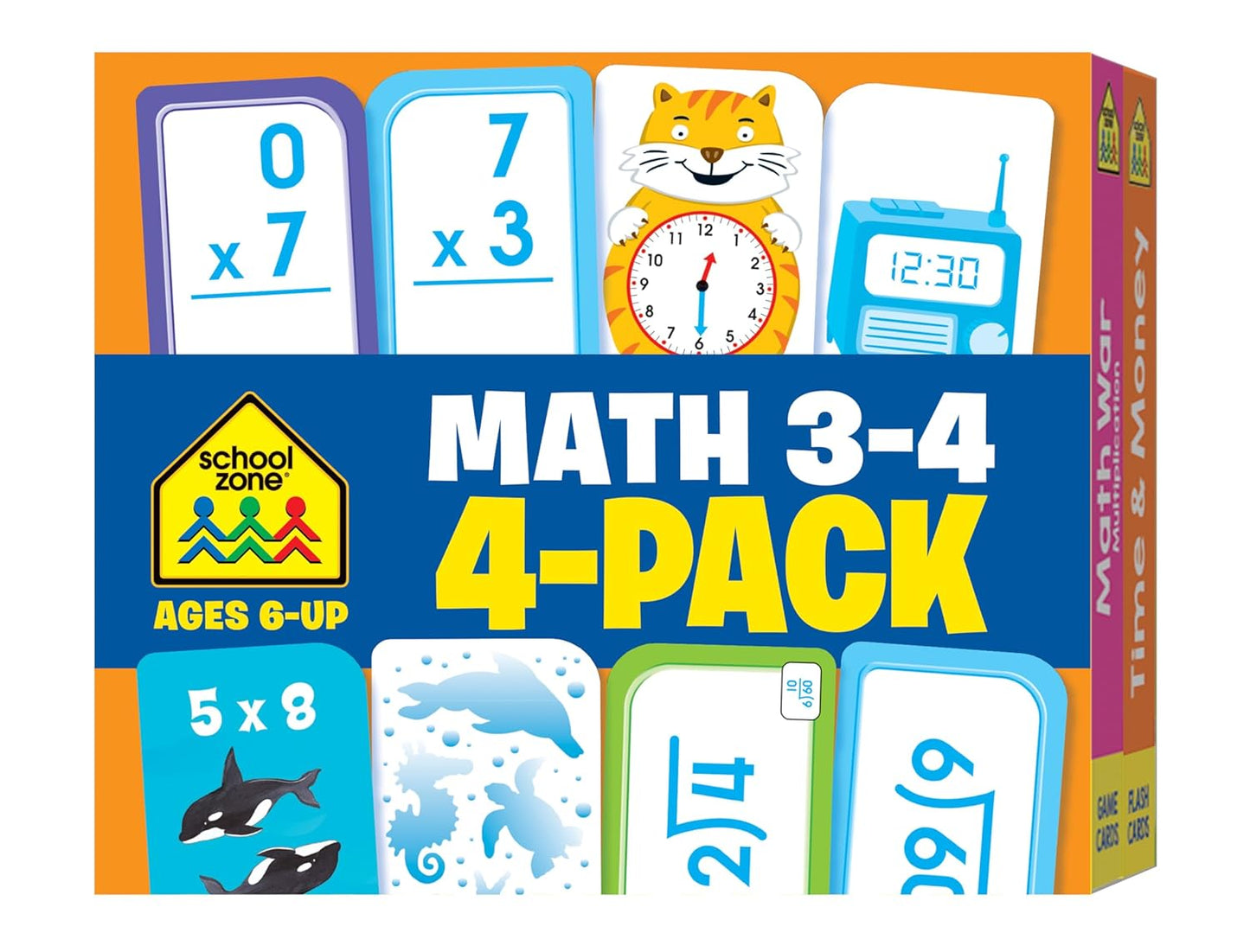 School Zone Math 3-4 4-Pack Flash Cards: 224 Cards, 3rd Grade, 4th Grade, Multiplication 0-12, Division 0-12, Math War Multiplication Game Cards, Time & Money, Telling Time, Coin Values, Ages 6+