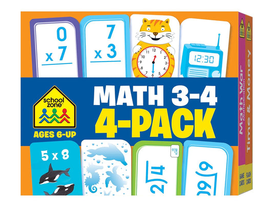 School Zone Math 3-4 4-Pack Flash Cards: 224 Cards, 3rd Grade, 4th Grade, Multiplication 0-12, Division 0-12, Math War Multiplication Game Cards, Time & Money, Telling Time, Coin Values, Ages 6+