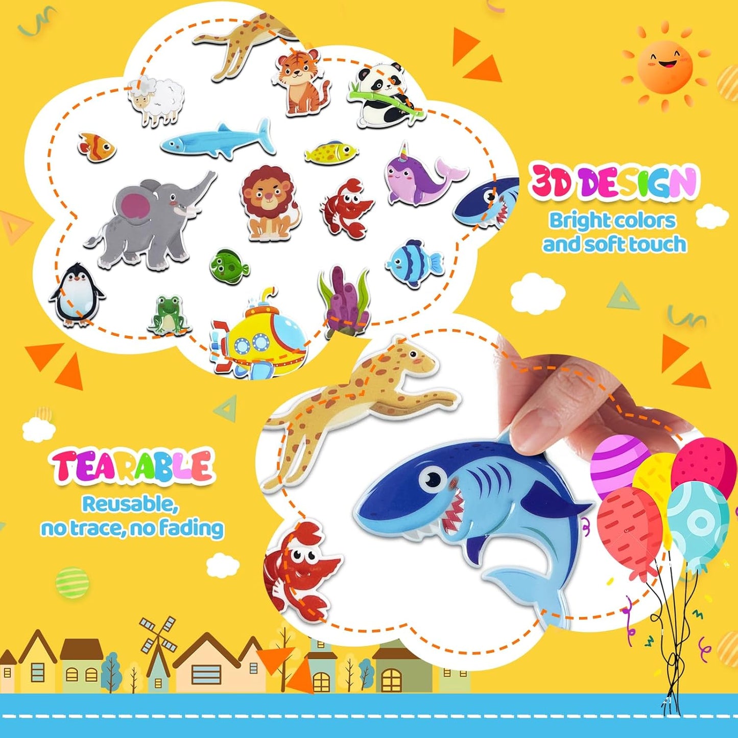 Sticker Books for Toddlers 2-4 Years, Travel Sticker Book with Washable Jelly Stickers, Foldable Carry Handle Quiet Toy, 5 Theme Scenes for Kids 3-5, Dinosaur+Space+Ocean+Fairy Tale+Pizza
