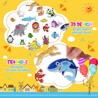 Sticker Books for Toddlers 2-4 Years, Travel Sticker Book with Washable Jelly Stickers, Foldable Carry Handle Quiet Toy, 5 Theme Scenes for Kids 3-5, Dinosaur+Space+Ocean+Fairy Tale+Pizza