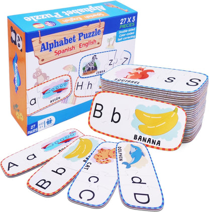 Bilingual Spanish English Alphabet ABC Puzzle Jigsaw Cards for Toddlers, Montessori Preschool Kindergarten Readniness, Self Correcting Sight Words Letter Puzzle 27 Letters Double-Sided with Gift Box
