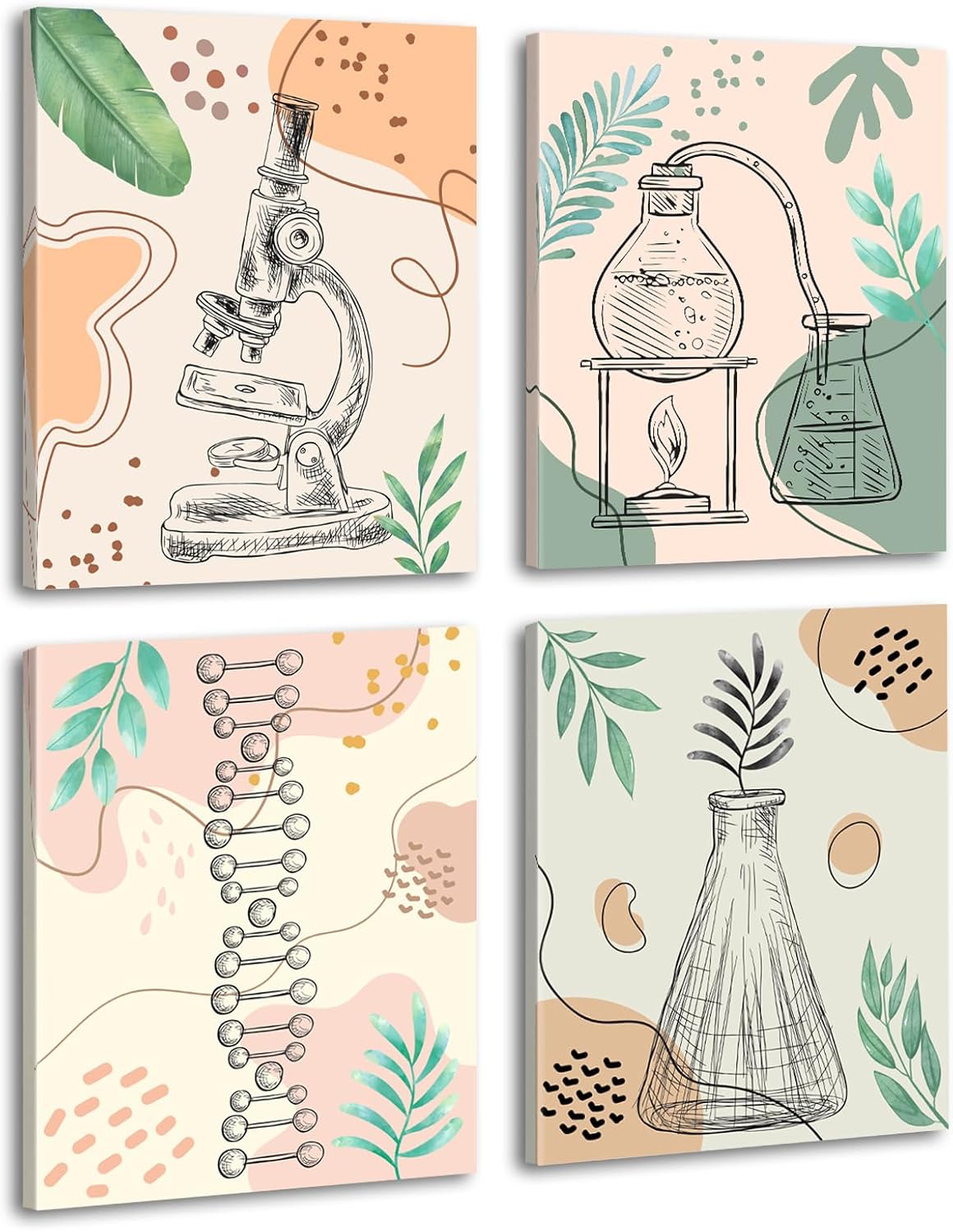 ZHAXFA Science Wall Art Canvas Prints,Biochemical Science Art poster,Microbiology Chemistry Wall Prints,Boho Classroom Wall Art,School Laboratory Decoration Set of 4 (Unframed 8x10 inches)