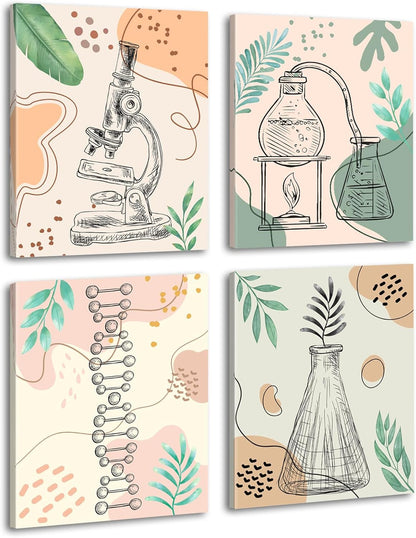 ZHAXFA Science Wall Art Canvas Prints,Biochemical Science Art poster,Microbiology Chemistry Wall Prints,Boho Classroom Wall Art,School Laboratory Decoration Set of 4 (Unframed 8x10 inches)