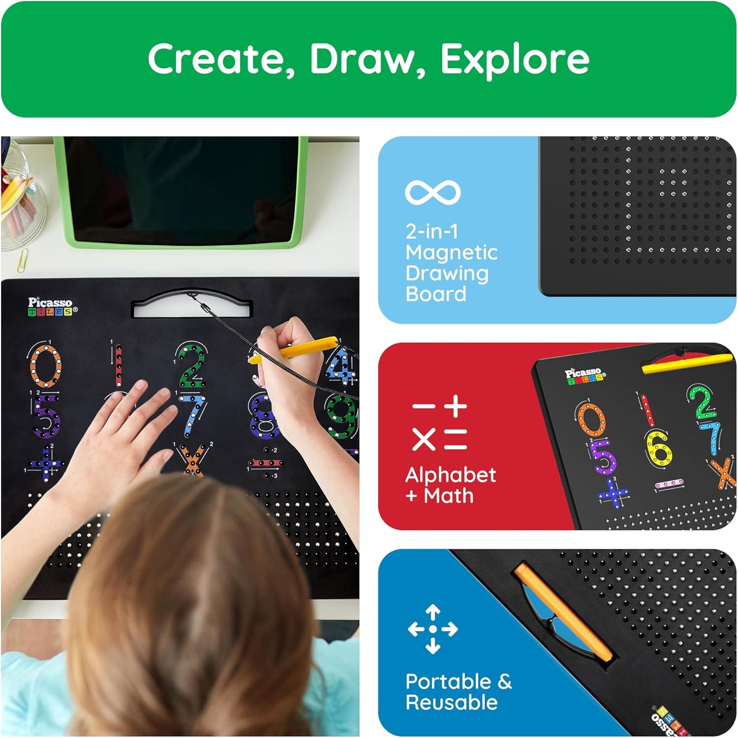 PicassoTiles 2PK 4-in-1 Magnetic Drawing Board 12x10 inch Large Magnet Tablet Pad with 4 Facings Lowercase & Uppercase Alphabets, Numbers, & Freestyle STEM Learning Writing Reading Playboard PTB06